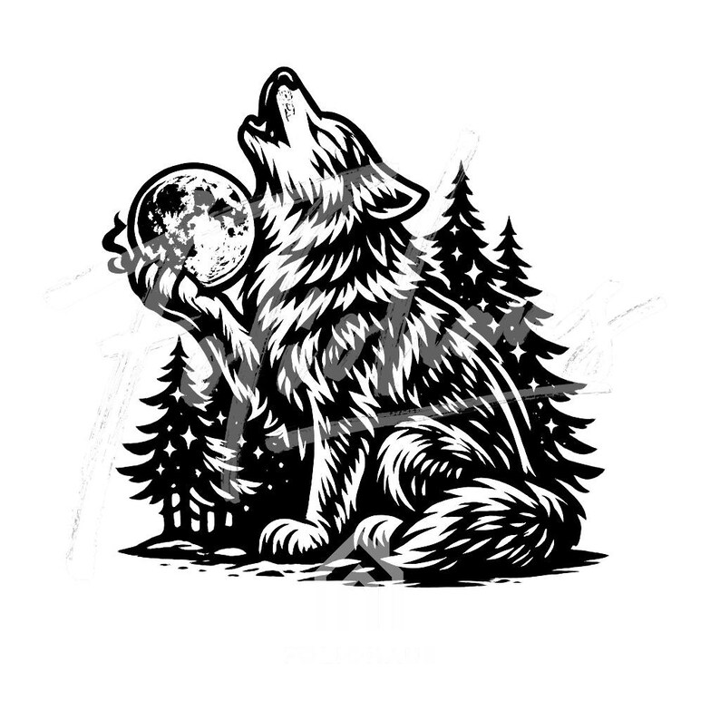 Howling Wolf Line Art in Forest Setting | 15 PNG | Transparent ...