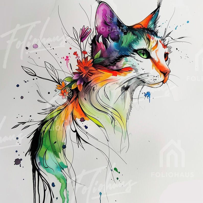 May include: Watercolor illustration of a cat with vibrant colors. The cat's fur is a mix of green, orange, purple, and white, with floral accents. The artwork features a profile view of the cat, with delicate lines and splashes of color.