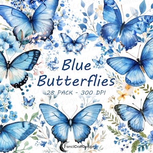 Borboleta Azul Floral Clipart Aquarela Borboletas Arte Pacote Imprimível PNG Digital Download 300 DPI Uso Comercial Sublimação Imagem Pacote