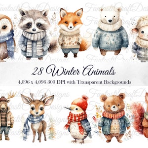 28 Cute Winter Animal Watercolor Clipart Pack PNG Digital Download 300 DPI Commercial Use Sublimation Christmas Card Making Art Image Bundle