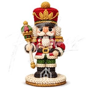 May include: A decorative nutcracker figurine in a knitted style. The figurine is dressed in a red and green uniform with gold accents, a white beard, and a matching hat. It holds a staff and stands on a round base.