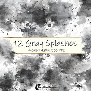 12 Salpicaduras de pintura gris Salpicaduras Acuarela Clipart Gris Splash Pack PNG Descarga digital 300 DPI Uso comercial Sublimación Arte Imagen Paquete