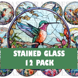 12 Stained Glass Hummingbird Bird Pack Transparent Circle PNG Digital Download 300 DPI Commercial Use Sublimation Hummingbird Clipart