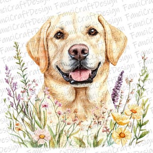 12 gele labrador bloemen bloemen hond aquarel clipart afdrukbare kunst PNG digitale download 300 DPI commercieel gebruik sublimatie afbeelding bundel