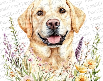 12 gele labrador bloemen bloemen hond aquarel clipart afdrukbare kunst PNG digitale download 300 DPI commercieel gebruik sublimatie afbeelding bundel