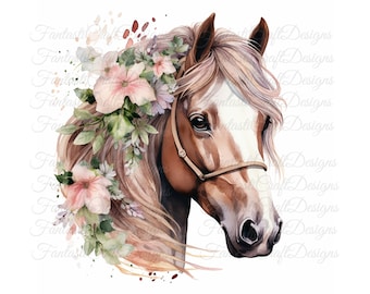 12 Horses Floral Flowers Animal Watercolor Clipart Printable JPG PNG Digital Download 300 DPI Commercial Use Sublimation Art Image Bundle