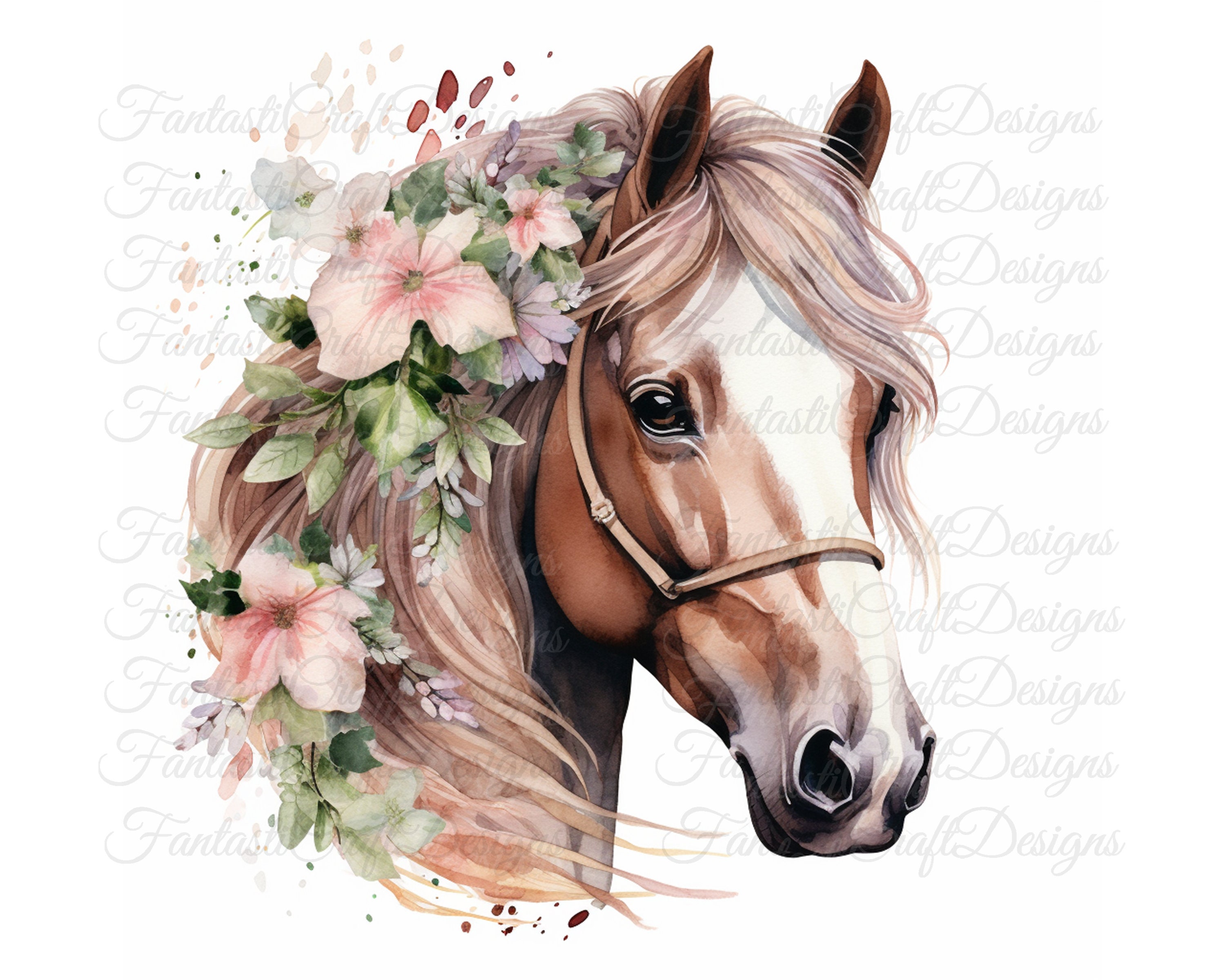 12 Horses Floral Flowers Animal Watercolor Clipart Printable JPG PNG Digital Download 300 DPI Commercial Use Sublimation Art Image Bundle