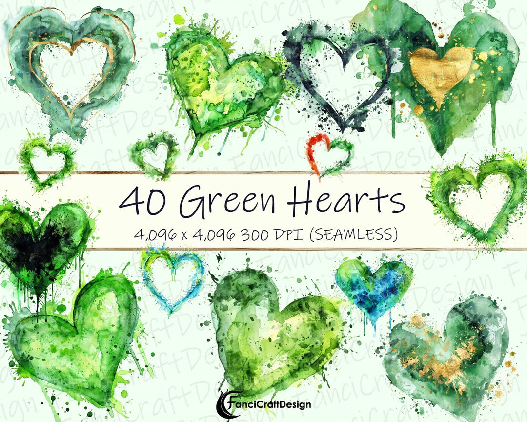 40 Green Hearts Paint Splatter Splash Watercolor Clipart Heart Pack PNG ...
