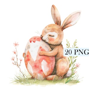 20 niedliches Osterei Bunny Tier Aquarell Clipart Flauschiges Kaninchen Pack PNG Digitaler Download 300 DPI Kommerzielle Nutzung Sublimationsbild Bündel