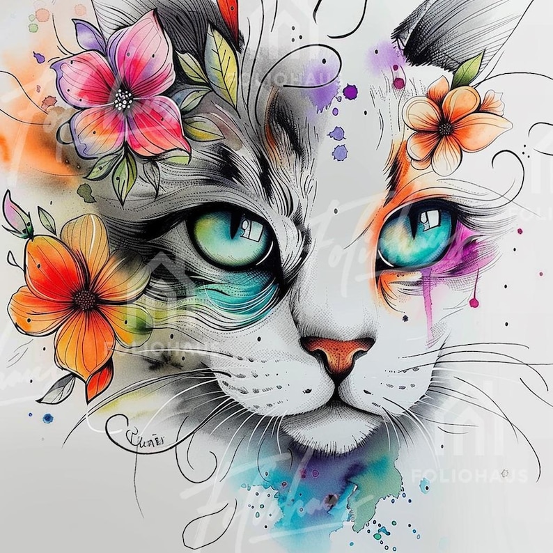 May include: Watercolor illustration of a cat's face with striking blue-green eyes and colorful floral accents. The artwork features a white and gray cat with vibrant orange, pink, and purple flowers, and watercolor paint splatters.