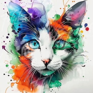 May include: Watercolor painting of a cat's face with vibrant colors. The cat has blue eyes, a white face, and ears and fur painted in shades of blue, green, orange, and purple. Splatter effects add to the artistic style.