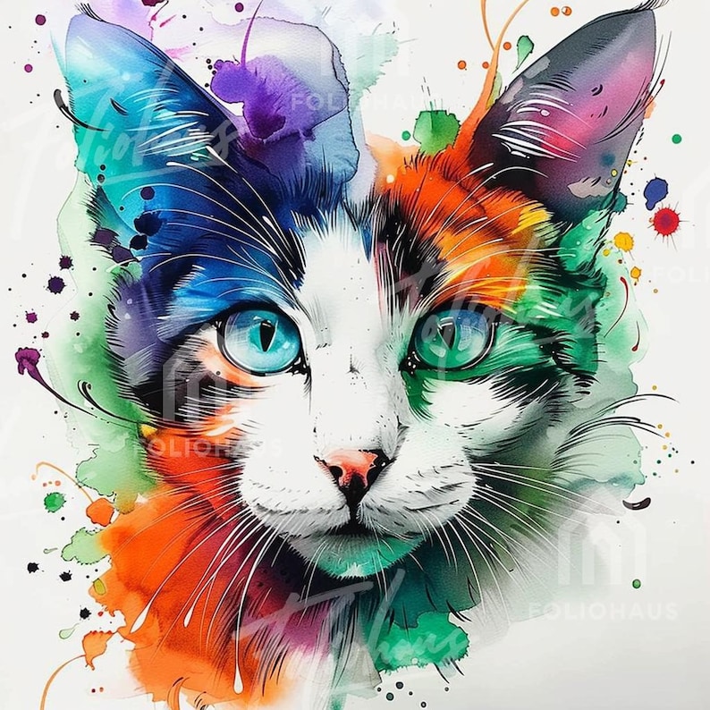 May include: Watercolor painting of a cat's face with vibrant colors. The cat has blue eyes, a white face, and ears and fur painted in shades of blue, green, orange, and purple. Splatter effects add to the artistic style.