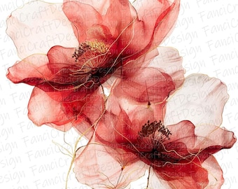 May include: A watercolor illustration of two red flowers with gold accents. The petals are translucent, with visible veins and a delicate texture. The flowers have dark brown centers and thin gold stems.
