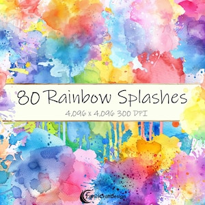 80 Rainbow Paint Splatter Splash Acuarela Clipart Splash Pack PNG Descarga digital 300 DPI Uso comercial Sublimación Arte Imagen Paquete