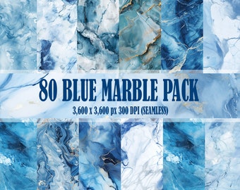 May include: A pack of 80 blue marble digital papers, each measuring 3,600 x 3,600 pixels at 300 DPI. The papers feature a seamless design with swirling blue and white marble patterns accented with gold.