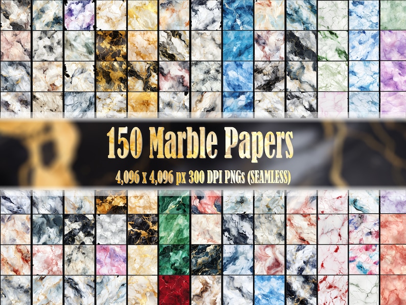 May include: A collection of 150 seamless marble texture patterns in various colors and styles. Each pattern is 4,096 x 4,096 pixels and 300 DPI. The patterns are perfect for use in digital design projects.
