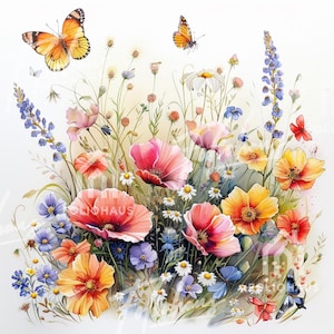 May include: A vibrant watercolor illustration of a wildflower meadow. The image features a variety of colorful flowers, including poppies, daisies, and bluebells, with orange butterflies fluttering above. The artwork has a soft, painterly style, with a focus on natural beauty.