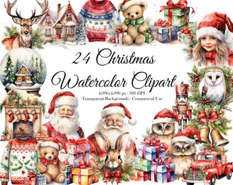Pack de 24 cliparts aquarelle de Noël PNG en téléchargement numérique 300 DPI, sublimation à usage commercial, vacances d'hiver, fabrication de cartes, lot d'images d'art