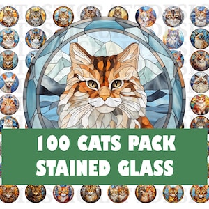 Lot de 100 vitraux chat #2 cercle transparent PNG en téléchargement numérique 300 DPI à usage commercial impression par sublimation Art Design