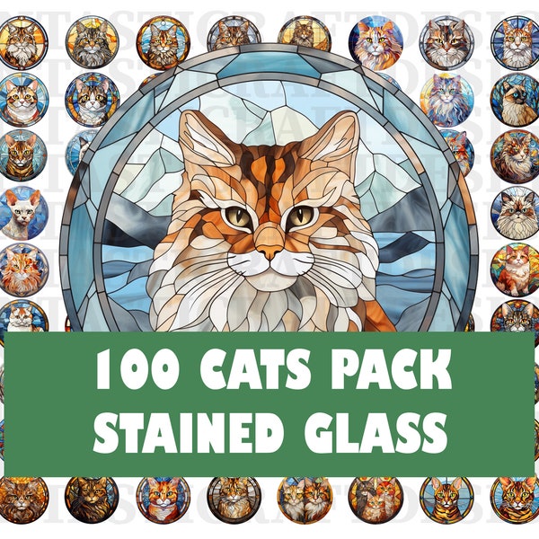 100 Stained Glass Cat Pack #2 Transparent Circle PNG Digital Download 300 DPI Commercial Use Sublimation Printing Art Design