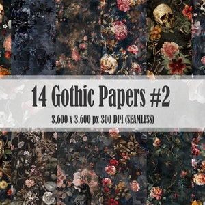 May include: A set of 14 digital papers featuring gothic floral patterns with skulls, owls, and dark colors. The papers are 3,600 x 3,600 pixels and 300 DPI.