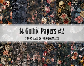 May include: A set of 14 digital papers featuring gothic floral patterns with skulls, owls, and dark colors. The papers are 3,600 x 3,600 pixels and 300 DPI.