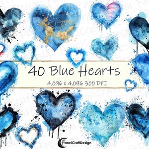 40 blaue Herzen malen Splatter Splash Aquarell Clipart Heart Pack PNG Digital Download 300 DPI Kommerzielle Nutzung Sublimation Kunst Bild Bundle