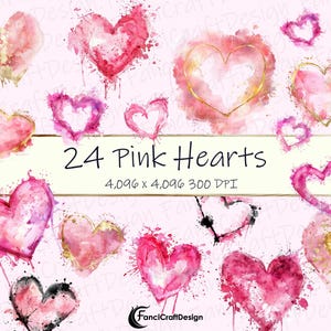 24 roze harten verf splatter splash aquarel clipart hart Pack PNG digitale download 300 DPI commercieel gebruik sublimatie kunst afbeelding bundel