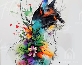 36 Ilustrações Abstratas de Gatos com Estampas Florais – Gatos em Aquarela com um Toque de Fantasia, JPG em Alta Resolução, Imprimíveis, Ideais para Diário de Arte, Scrapbooking e Download Instantâneo.