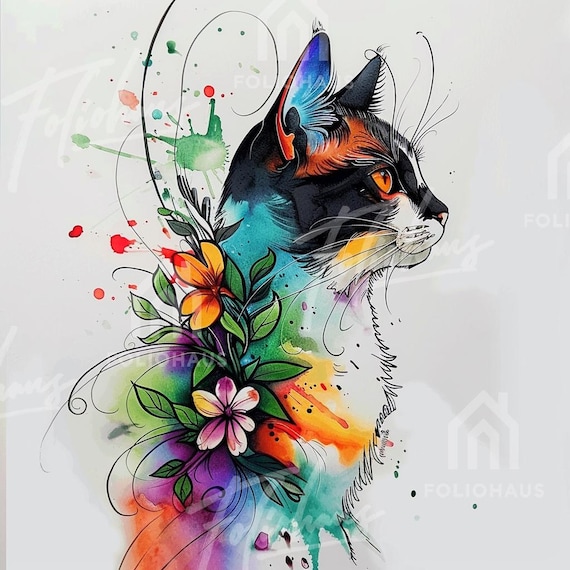 36 Abstract Floral Cat Clipart – Whimsical Watercolor Cats, High-Res JPG, Printable, Junk Journal, Scrapbooking, Instant Download.