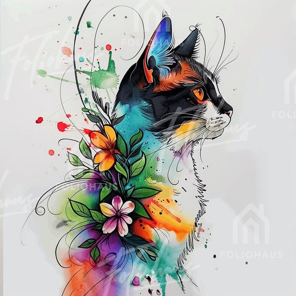 36 Abstract Floral Cat Clipart – Whimsical Watercolor Cats, High-Res JPG, Printable, Junk Journal, Scrapbooking, Instant Download.