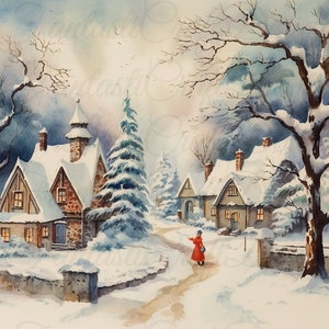 10 Christmas Home Village Scenery Clipart Pack #1 Watercolor JPG Digital Download 300 DPI Commercial Use Digital Paper Holiday Image Bundle