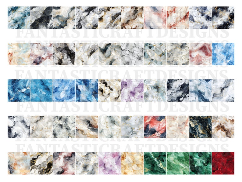 May include: A set of 40 digital paper textures featuring various marble patterns in different colors, including blue, green, red, purple, and white. The textures are perfect for creating backgrounds, patterns, and designs.