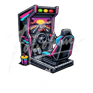 Op de afbeelding: Een gepixeleerde arcade-racegame-machine met een stuur, pedalen en een racestoel. Het scherm toont een zonsondergang boven een weg met een auto. De machine is zwart met roze, blauwe en gele accenten en een drinkbeker.