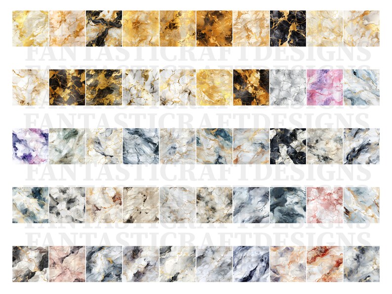 May include: A set of 40 digital paper textures featuring various marble patterns in shades of white, gray, black, gold, and pink. The textures are seamless and can be used for a variety of creative projects.