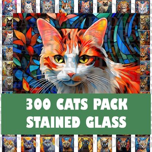 Op de afbeelding: Een pakket met 300 gebrandschilderde kattenafbeeldingen. De afbeeldingen tonen katten in verschillende poses en kleuren, met een gebrandschilderd effect. De tekst "300 Cats Pack Stained Glass" wordt weergegeven op een groene achtergrond.