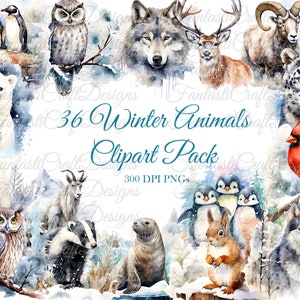 36 Animales de invierno Clipart Pack Navidad Nieve PNG Descarga digital 300 DPI Uso comercial Tarjeta navideña de papel digital Fabricación de imágenes artísticas Paquete