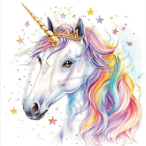Rainbow Unicorn Clipart Set (10) – Watercolor Fantasy JPG, 300 DPI, Printable, Junk Journal, Papercraft, Commercial Use.