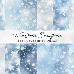 20 Winter Snowflake Digital Paper White Snow Pack Seamless Christmas Card Patterns Backgrounds Scrapbook Texture Commercial Use JPGs 300 DPI