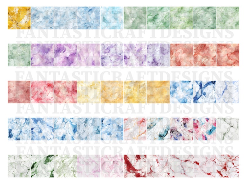 May include: A digital collage of 36 different marble textures in various colors, including green, purple, red, yellow, and blue. The marble textures are arranged in a grid pattern.