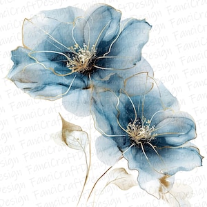 May include: Watercolor floral art featuring two blue flowers with gold accents. The flowers have delicate, translucent petals and intricate gold outlines. The centers of the flowers are filled with gold details, creating an elegant and artistic design.