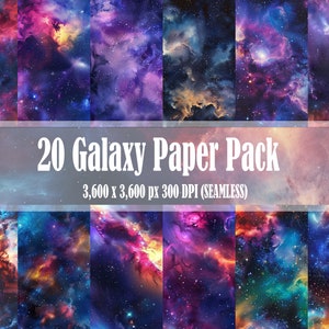 Puede incluir: Un conjunto de 20 diseños de papel de galaxia, cada uno mostrando nebulosas vibrantes en tonos de púrpura, azul, naranja y rosa. Los diseños sin costuras son de alta resolución, con el texto "20 Galaxy Paper Pack" y dimensiones 3.600 x 3.600 px 300 DPI (SEAMLESS).