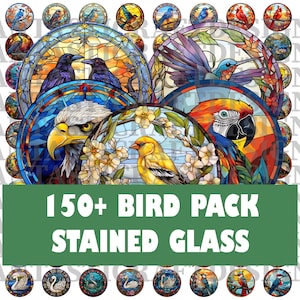 May include: A collection of over 150 stained glass bird images. The images feature a variety of birds, including hummingbirds, eagles, parrots, and cardinals. The images are all in a circular format and are perfect for crafting projects.