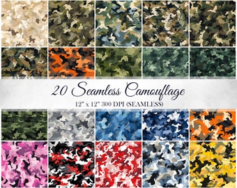 20 Camouflage Digital Paper Military Pack Seamless Different Patterns Colors Backgrounds Scrapbooks Texture Commercial Use JPGs 300 DPI JPEG