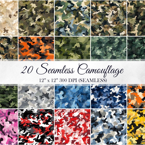 20 Camouflage numérique papier militaire Pack sans couture différents modèles couleurs arrière-plans Scrapbooks Texture utilisation commerciale JPG 300 DPI JPEG