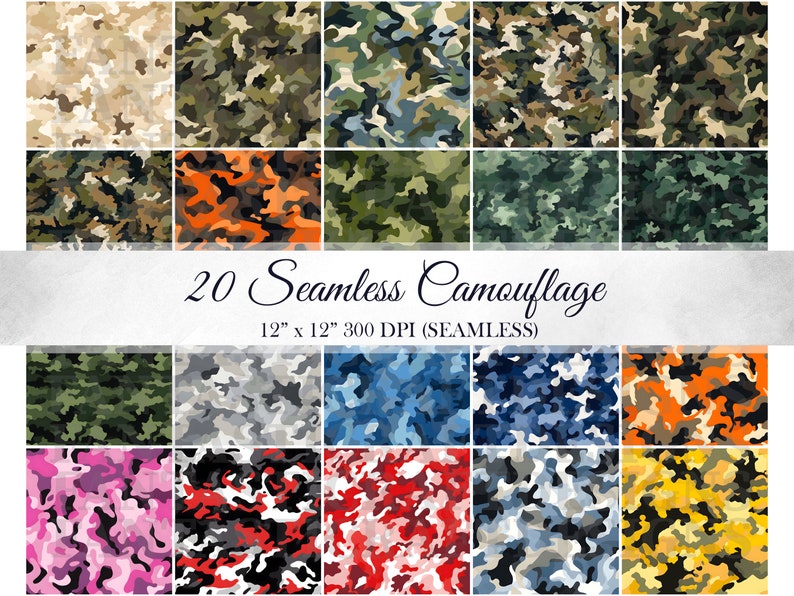 20 Camouflage Digital Paper Military Pack Seamless Different Patterns Colors Backgrounds Scrapbooks Texture Commercial Use JPGs 300 DPI JPEG image 1