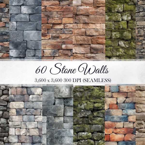 60 Stone Wall Digital Paper Pack Seamless Patterns Backgrounds Scrapbooks Texture Commercial Use PNG 300 DPI