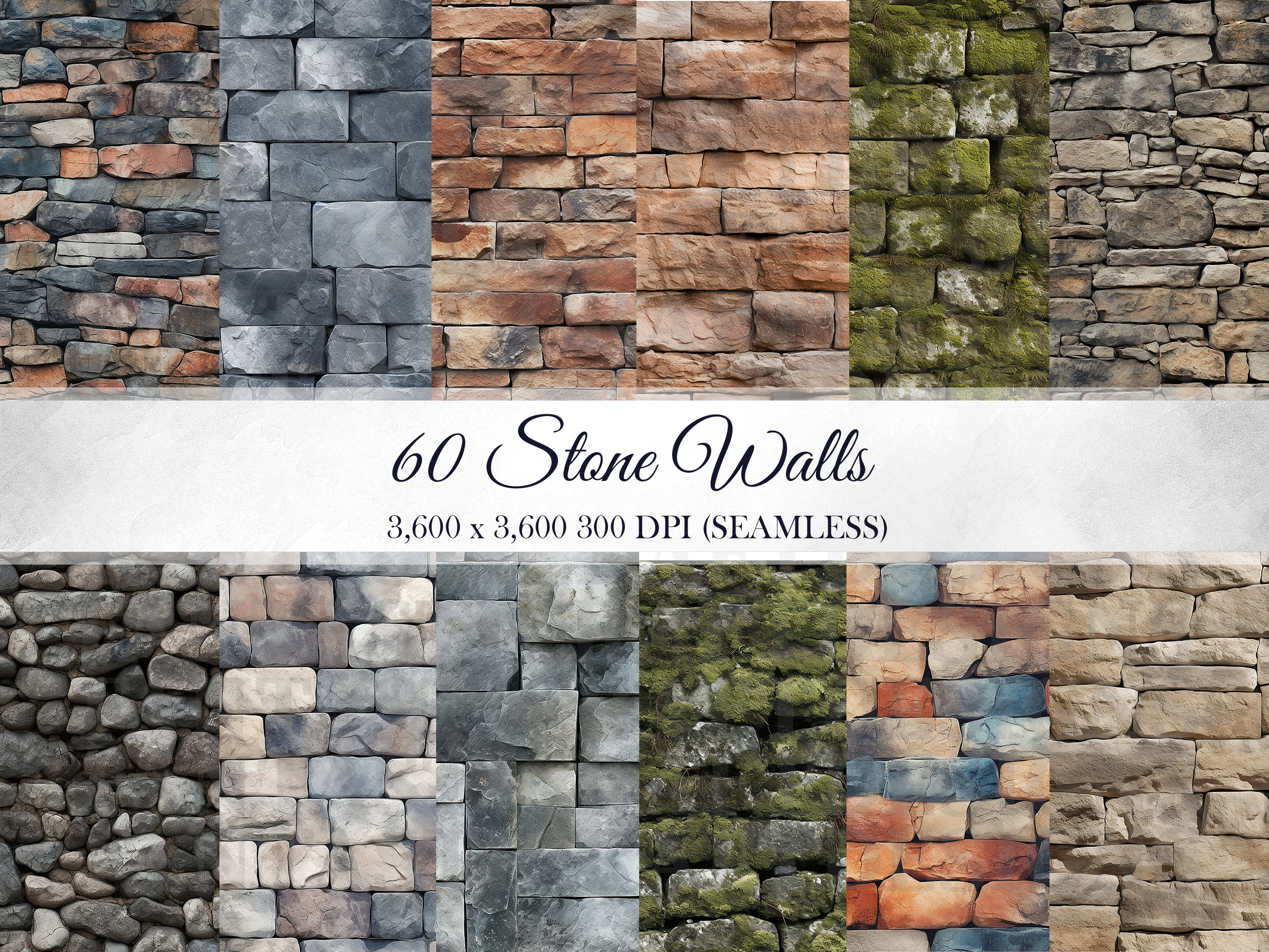 60 Stone Wall Digital Paper Pack Seamless Patterns Backgrounds Scrapbooks Texture Commercial Use PNG 300 DPI