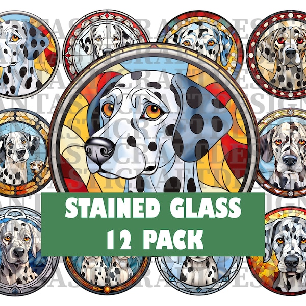 12 Stained Glass Dalmatians Dog Pack Transparent Circle PNG Digital Download 300 DPI Commercial Use Sublimation Clipart Bundle