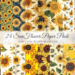 24 Sunflower Vintage Digital Paper Flower Pack Sunflowers Pattern Seamless Tile Art Scrapbooks Commercial Use PNG JPEGs 300 DPI Texture